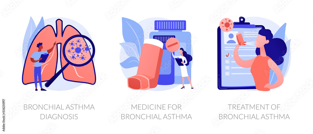 Poster Respiratory system disease. Breathing problems. Airway disease. Cough treatment. Bronchial asthma diagnosis, medicine and treatment metaphors. Vector isolated concept metaphor illustrations