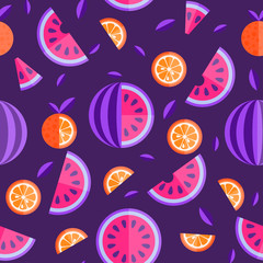 Watermelon and orange seamless pattern. Fruit bright seamless pattern or background. Vector Illustration
