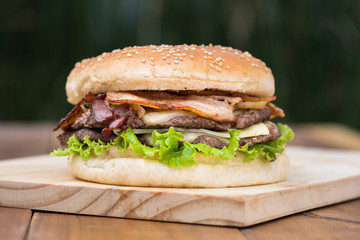hamburger on a wooden table