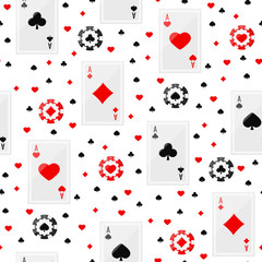 Ace playing cards and poker chips seamless pattern.