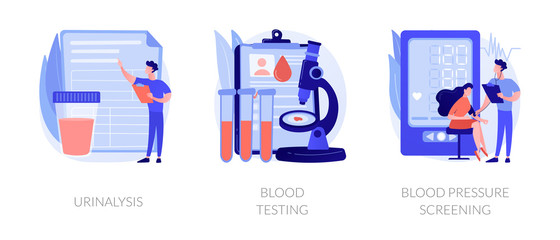 Clinical laboratory analysis icons cartoon set. Health examination. Biological markers. Urinalysis, blood testing, blood pressure screening metaphors. Vector isolated concept metaphor illustrations.
