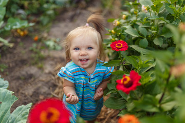 baby girl walking in the garden, among large flowers, happy childhood, summer