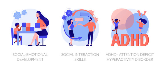 Child psychology icons set. Social-emotional development, social interaction skills, ADHD - attention deficit hyperactivity disorder metaphors. Vector isolated concept metaphor illustrations. - obrazy, fototapety, plakaty