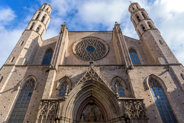 Basilica of Santa Maria del Mar - A low-angle morning view of the west facade of Santa Maria del Mar, 