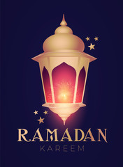 Ramadan Kareem Greeting. Islamic Holiday Design Template. Oriental Lantern with Light.