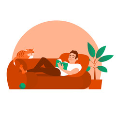 A young man is lying on a sofa and reading a book. Nearby is a ginger cat. Useful and enjoyable leisure activities. Vector isolated illustration.