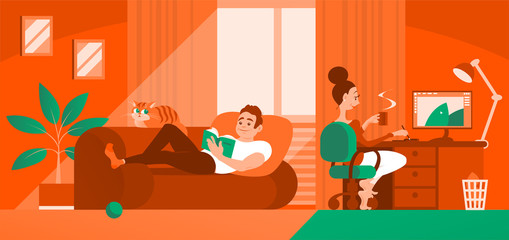 Young happy spouses relaxing at home together. A man lies on a sofa and reads a book. A girl sits at a computer and draws. Room interior in orange tones. Vector cartoon illustration.