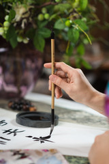 Fototapeta na wymiar brush for traditional chinese calligraphy in hand
