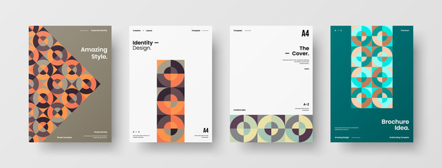 Fototapeta premium Company identity brochure template collection. Business presentation vector A4 vertical orientation front page mock up set. Corporate report cover abstract geometric illustration design layout bundle.