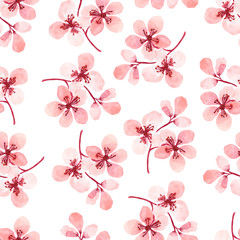 Watercolor seamless pattern with pink almond blossoms on a white background. Delicate oriental print for fabrics, wrapping paper and postcards.
