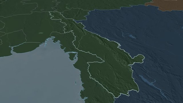 Kayin, state with its capital, zoomed and extruded on the administrative map of Myanmar in the conformal Stereographic projection. Animation 3D