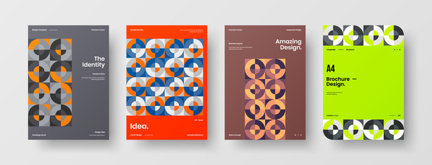 Fototapeta premium Company identity brochure template collection. Business presentation vector A4 vertical orientation front page mock up set. Corporate report cover abstract geometric illustration design layout bundle.