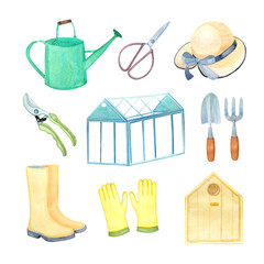 Set of watercolor elements for gardening. Greenhouse, birdhouse, watering can, garden tools, rubber boots and a hat for the garden.
