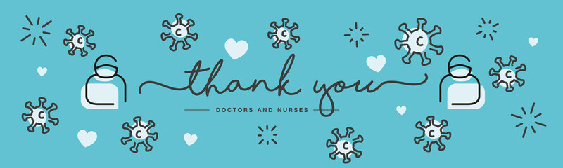 Thank you doctors and nurses working in the hospitals fighting the coronavirus handwritten line design sea green banner