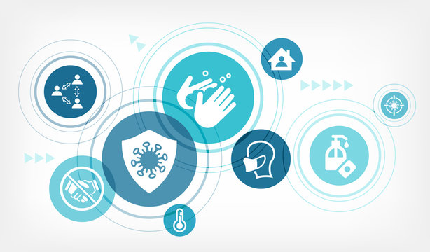 corona infection prevention vector illustration. Concept with connected icons related to hygiene and virus protection measures, how to prevent contamination and transmission.