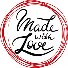 made with love in a red circle in the style of lettering, print for sticker, label, notebook, glider, diary, Notepad, magazine, product, accessory, product, for a DIY, hand made store