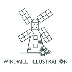 Icon of windmill with sunflowers. Agriculture concept, Gray illustration on the white background