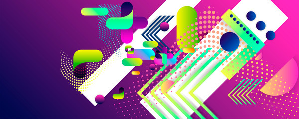 Bright juicy colors background with geometric elements, lines and dots for text, universal design
