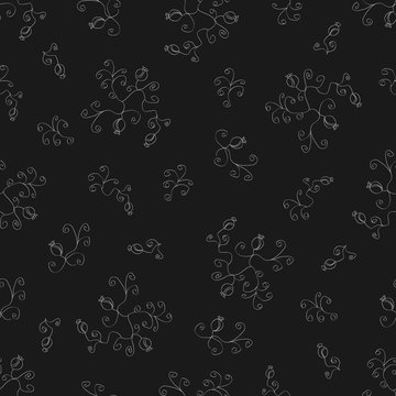 seamless pattern rose hips and curlicues
  light gray drawn by hand on a dark gray background