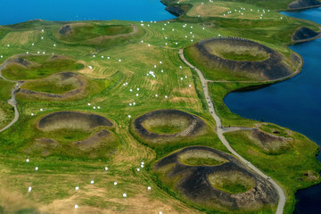 Volcanic craters in Iceland aerial view from above, Myvatn lake © wjarek