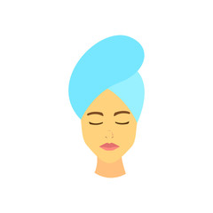 Skin care spa treatment, woman enjoying day in spa, face with towel vector icon