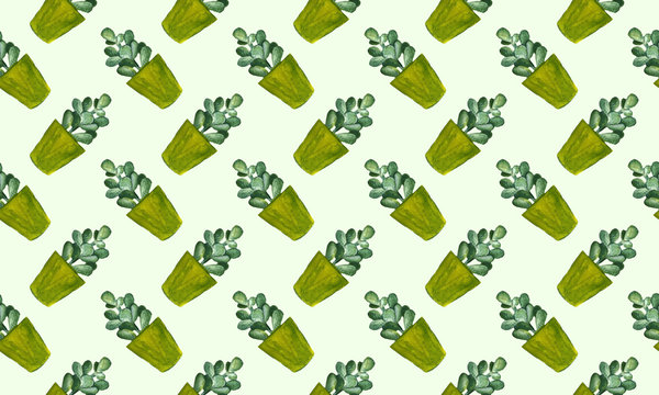 watercolor cactus seamless pattern. Watercolor cactuses, hand-drawn cacti set isolated. Funny cartoon sketch