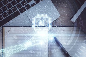 Multi exposure of data theme drawing hologram over topview work desk background with computer. Concept of technology.