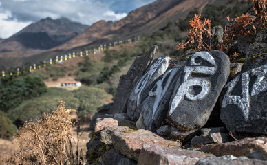 Buddhist Mani Stones in Himalayan Mountains