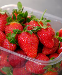 1 kg fresh strawberries in plastic box, on gray wooden background