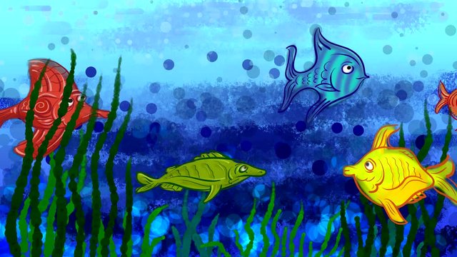 Drawn fish in a children's style wave-like swim against the backdrop of the blue sea and algae. Looping animation with funny animals.