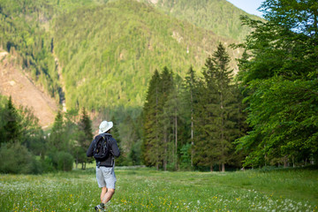 Man hiking in forest. Male hiker looking at beautiful green nature and wilderness.