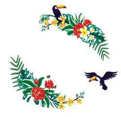 Summer tropical background frame with palm leaves and toucan. Vector floral background.