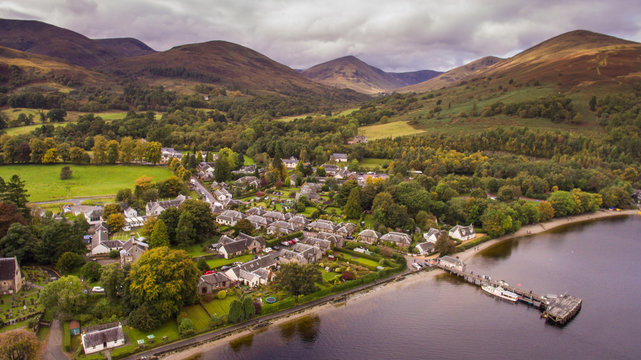 Aerial view of place Luss in Loch Lomond national park in Scotland