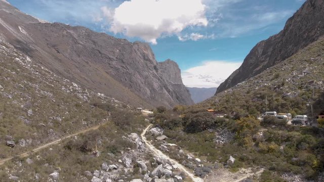 Canyon and valley in the andes, Paron lake mountain road, entrace, aerial shot.