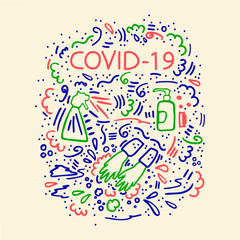 Covid quote -19 , inside the composition, hygienic promotion using, disinfection with alcohol and washing hands in a flat style, sketch drawing. Coronavirus pandemic, self-isolation, healthcare