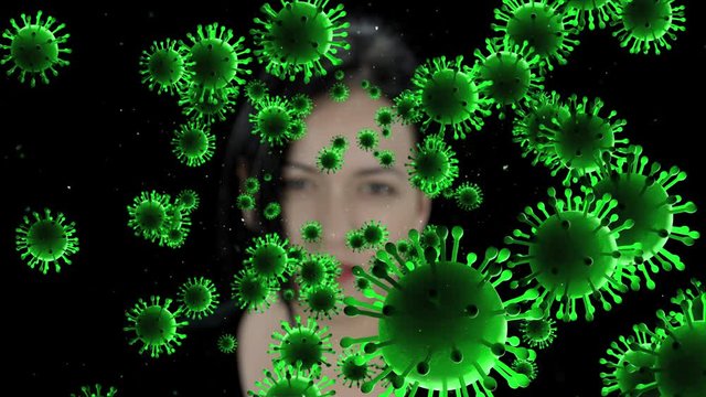 Sick Unhealthy Female Suffering From Cough And Sneezing. Virus Outbreak. COVID-19 Coronavirus Under Microscope. Dangerous Virus Outbreak. COVID-19 Disease Spreading. Virus Related 3D Animation.