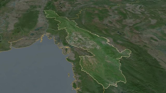 Kayin, state with its capital, zoomed and extruded on the satellite map of Myanmar in the conformal Stereographic projection. Animation 3D