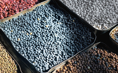A Colorful Mixture of Assorted Beans in Containers at the Asan Bazaar in Kathmandu
