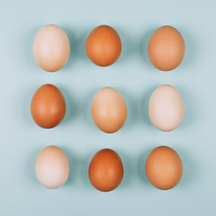 Organic chicken Eggs with shadow on a mint background. Flat lay style.