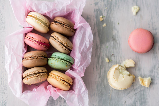 Box of colorful macaroon cookies