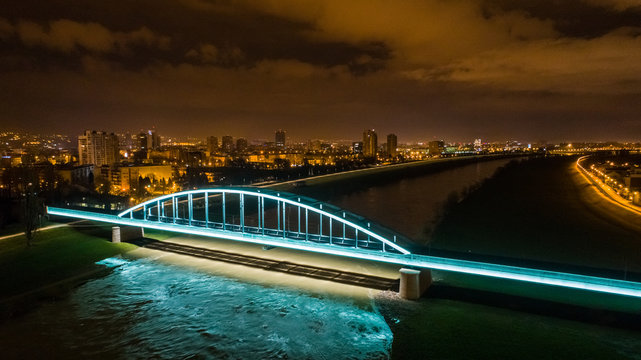 Aerial view of railway bridge over Sava river in Zagreb, Croatia.