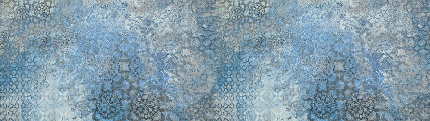 Old gray blue vintage shabby patchwork motif tiles stone concrete cement wall texture background...