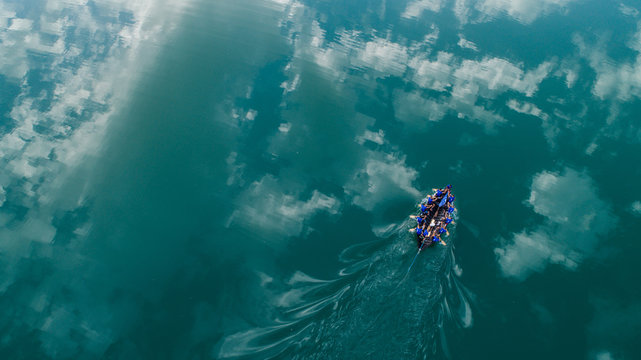 Aerial view of traditional boat race on Bacina lakes in Dalmatia, Croatia.