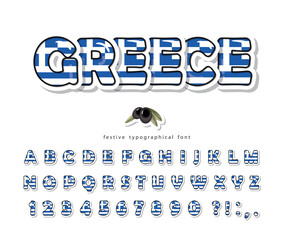 Greece cartoon font. Greek national flag colors. Paper cutout glossy ABC letters and numbers. Bright alphabet for tourism t-shirt, cap design. Vector