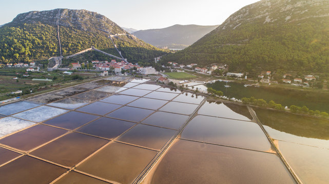 Aerial view of Ston saltworks in Dalmatia, Croatia.