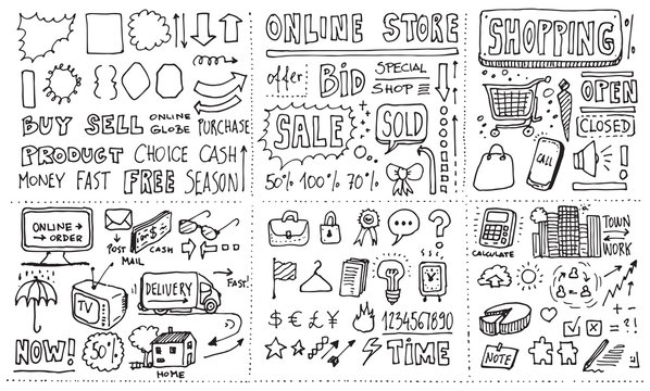 Online shopping commercial hand drawn doodle set