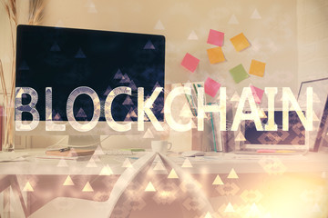 Double exposure of crypto technology theme drawing and office interior background. Concept of...