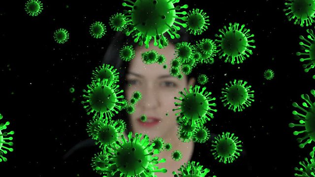 Sick Unhealthy Woman Suffering From Cough And Sneezing. Virus Outbreak. COVID-19 Coronavirus Under Microscope. Dangerous Virus Outbreak. COVID-19 Disease Spreading. Virus Related 3D Animation.