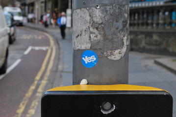 Yes Sticker on pole in Edinburgh, Scotland ahead of Scottish independence referendum. 
