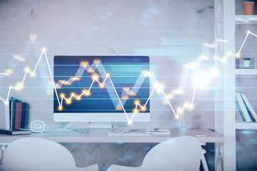 Multi exposure of stock market chart drawing and office interior background. Concept of financial analysis.